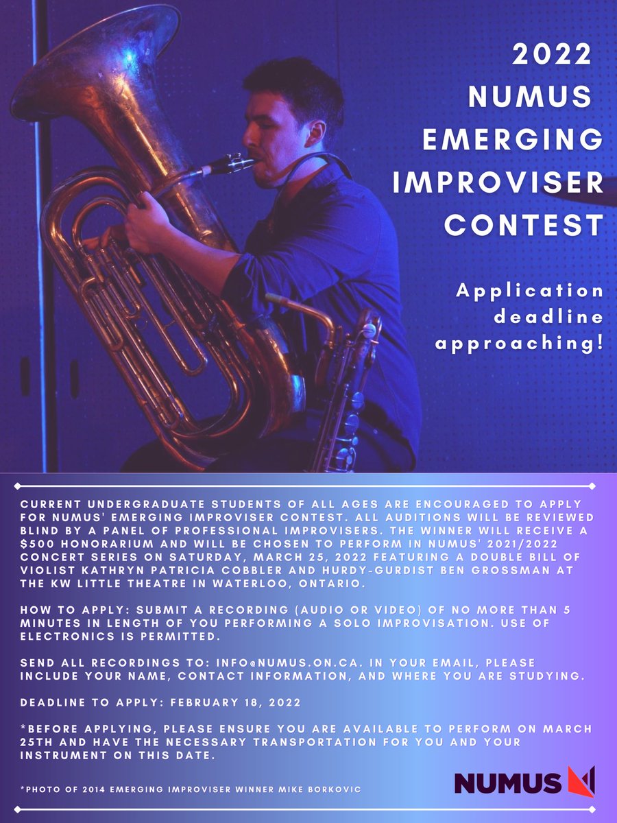NUMUSConcerts's tweet image. Only two days left to apply for NUMUS’ 2022 Emerging Improviser Contest! 
Send your application to info@numus.on.ca today! 

#NUMUS #newmusic #contest #improv #torontomusic #musiccontest