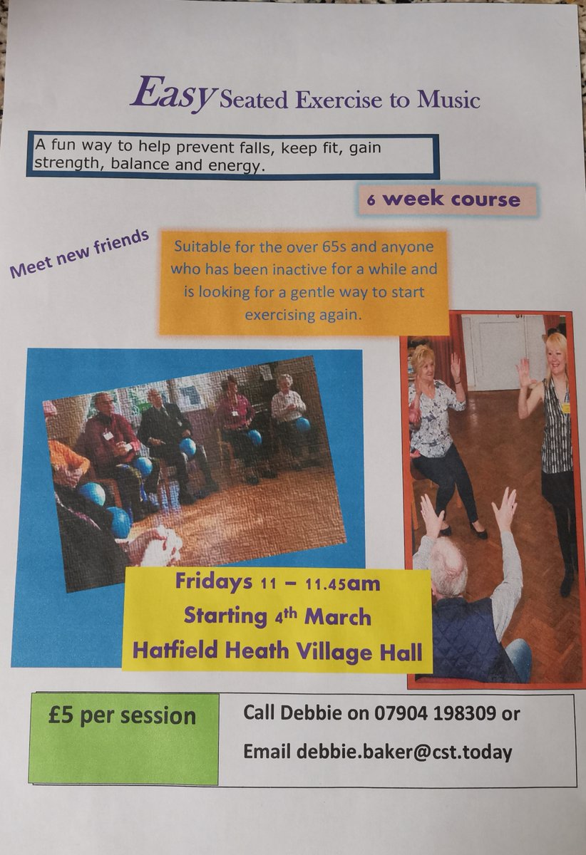 New seated exercise to music on Fridays, in #HatfieldHeath Village Hall, for the over 65s or anyone who has been inactive for a while and is looking for a gentle way to get back to exercising again. #keepFit #Uttlesford