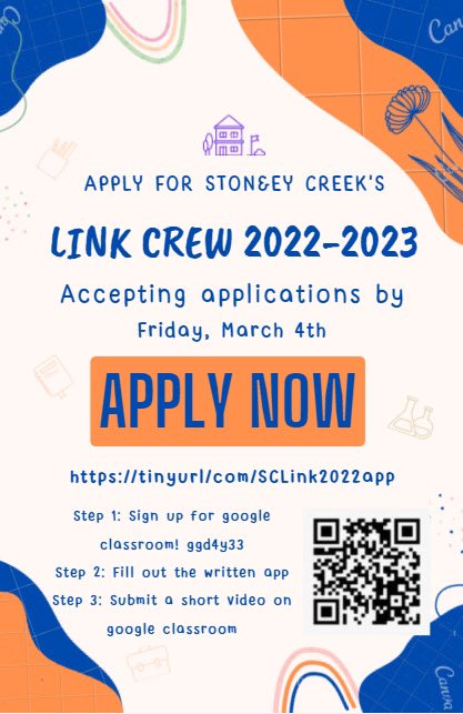 StoneyLinkCrew's tweet photo. Interested in helping freshmen next year??? We are looking for kind, POSITIVE, helpful and motivated people to join Link Crew. Current 10th &amp; 11th graders can apply until FRIDAY, March 4th @rochcommschools @WeAreSCHS https://t.co/xe7gAtR8QD