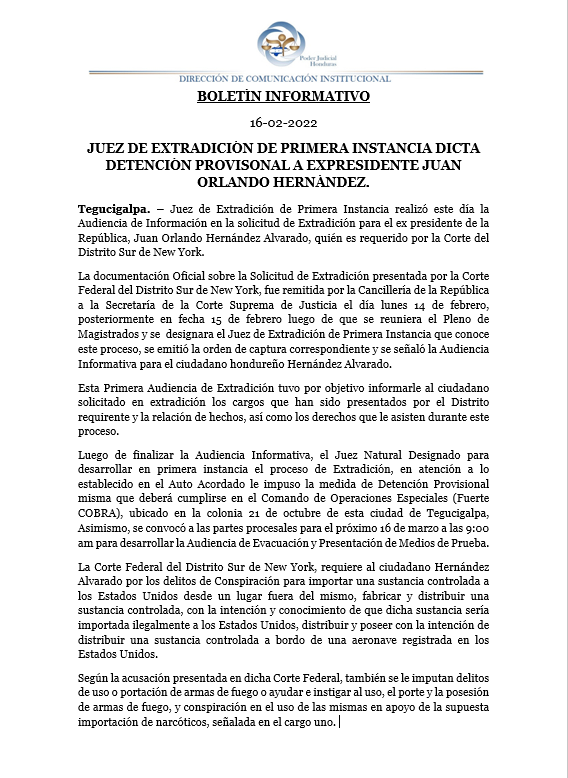 PJdeHonduras's tweet photo. #JuezExtradición de Primera Instancia dicta Detención Provisional a ex Presidente Juan Orlando Hernández. https://t.co/ThxPPSP37N