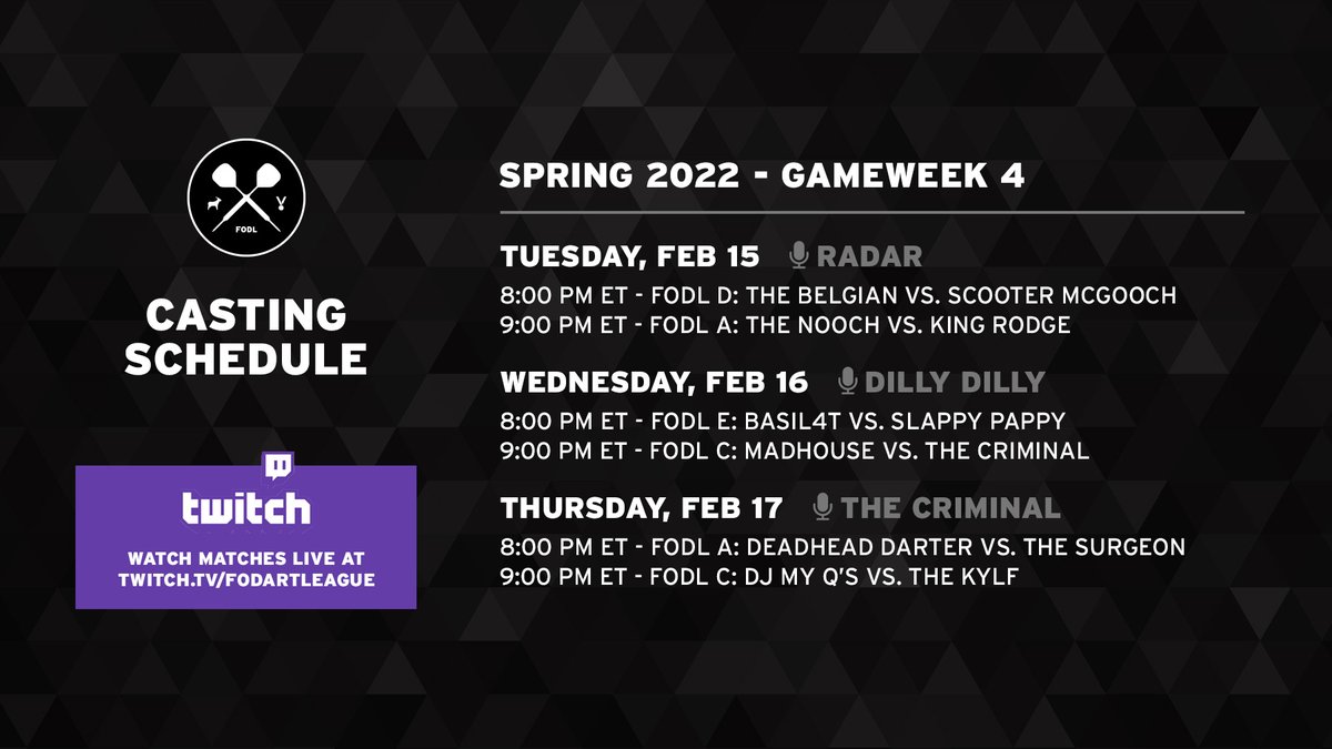 FODartLeague's tweet photo. WEDNESDAY NIGHT DOUBLEHEADER!

8:00 PM ET - FODL E: Basil4T vs. Slappy Pappy
9:00 PM ET - FODL C: MADhouse vs. The Criminal

Dilly Dilly has your call live on Twitch: https://t.co/TmhVN9XEBw https://t.co/zYNTKURVoz