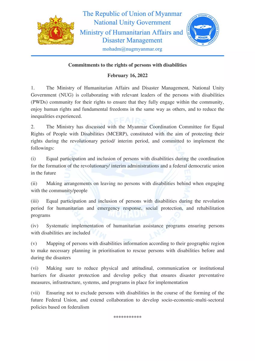 Whilst Union Minister <a href="/DrWinMyatAye/">Win Myat Aye</a> is attending Global Disability Summit, 2022 on 16th and 17th of February, <a href="/mohadmNUG/">MOHADM - NUG - Myanmar</a> has announced commitments to the rights of persons with disabilities during the revolutionary period.
Read full 👇