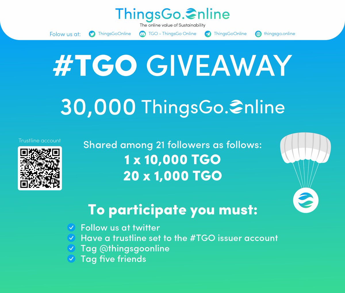 ❗️To celebrate the finishing of the 2nd AD 🚀 and the upcoming "5k+ followers" giveaway, we'll giveaway💰30k TGO shared among 21 lucky who:

✅FOLLOW AND RT
✅Have a TL set to the #TGO issuer account
✅TAG <a href="/ThingsGoOnline/">Things Go Online</a> and <a href="/TeamTGO/">ThingsGo.Online Dev Team</a> 
✅TAG 5 friends
Deadline: Feb 20th 23:59 UTC