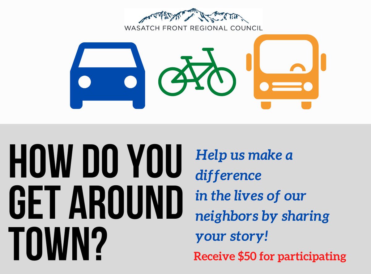 We want to hear from you! Share your experiences getting around our region on foot or by bike, car, or transit. Your feedback will be considered for inclusion in WFRC's 2023 Regional Transportation Plan. 

🚇🚗Visit bit.ly/surveywasatch to sign up.🚲🚶🏻‍♀️
