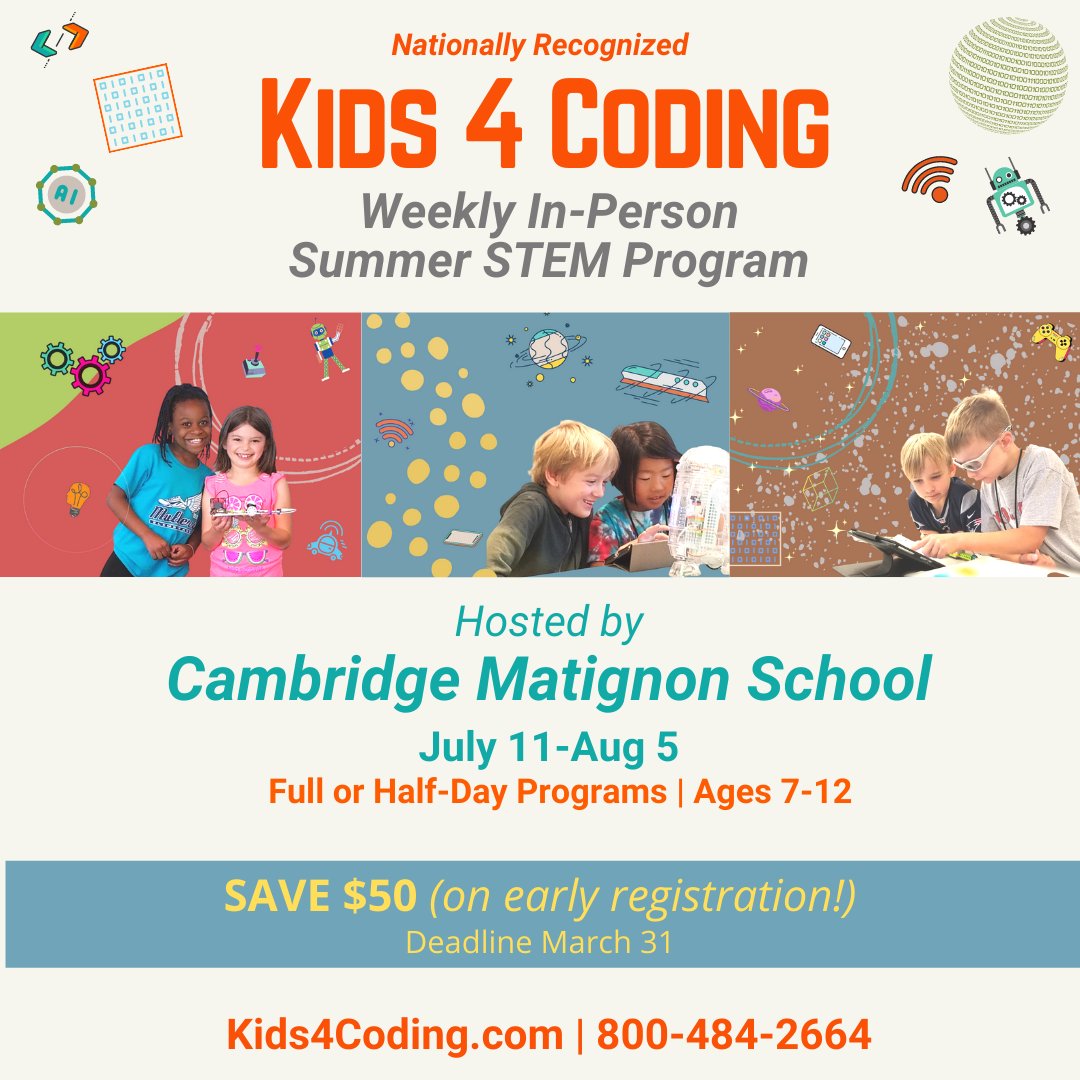 kids4coding's tweet image. This summer Kids 4 Coding is excited to be hosted by @MatignonHS. Weekly summer STEM programs
ages 7-12 | July 11-August 5. Full or Half-day
Project-based curriculum to inspire the next generation of thinkers!