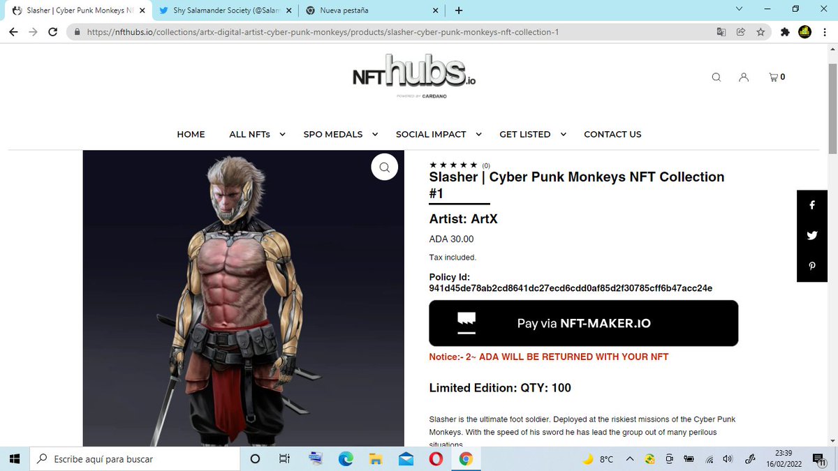 theartsuite's tweet image. NFTHubs Red Alert:

Meet &quot;Slasher&quot;, third member of the &quot;CyberPunk Monkeys Rebel Group&quot;
He will come  wreak havoc on your enemies for only 30 $ADA

nfthubs.io/collections/ar…

#cyberart #cyberpunkmonkeys #nfts #cnfts #cnftcollector #cnftcommunity #cnftartist #cnft
#NFThubs #Cardano
