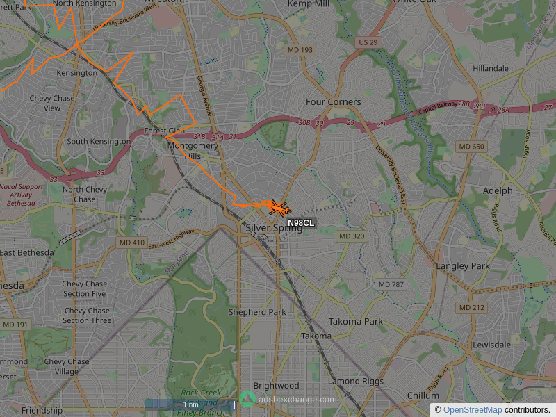 SkyCirclesDC's tweet photo. N98CL, a Bell 206-L-4, is circling over Silver Spring at 600 feet, speed 9 MPH, squawking 5277, 0.1 miles from Cole Spring Plaza Apartments https://t.co/iDn1V9L87y https://t.co/xjwOz4If0a