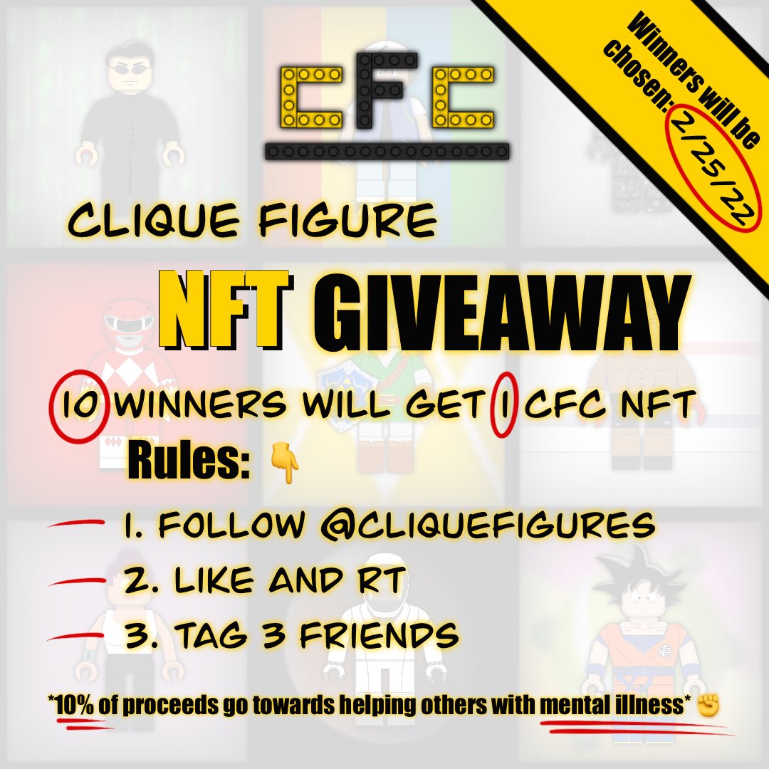 CliqueFigures's tweet photo. 🚨GIVEAWAY🚨
👇RULES/MORE DETAILS👇
🎬Ends: 2/25/22🎬

#CliqueFiguresClub #CliqueFigures #CFC #OpenSea #NFT #NFTs #NFTart #NFTartist #NFTcollector #NFTcollectors #NFTcommunity #NFTgiveaway #FreeNFT #Giveaway
#Charity #NFTcharity #Mentalillness #Blockchain #ETH #PolygonNetwork https://t.co/lc33C26Wca