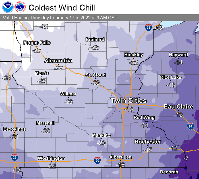 NWSTwinCities's tweet photo. Very cold tonight with wind chills between -15°F to -25°F (even colder in central MN) Thursday morning. A storm system will move through Friday bringing warmer air and a chance of snow/wintry mix. Snow accumulations will be light and mainly north of I-94. #mnwx #wiwx https://t.co/YgYe7ULw26