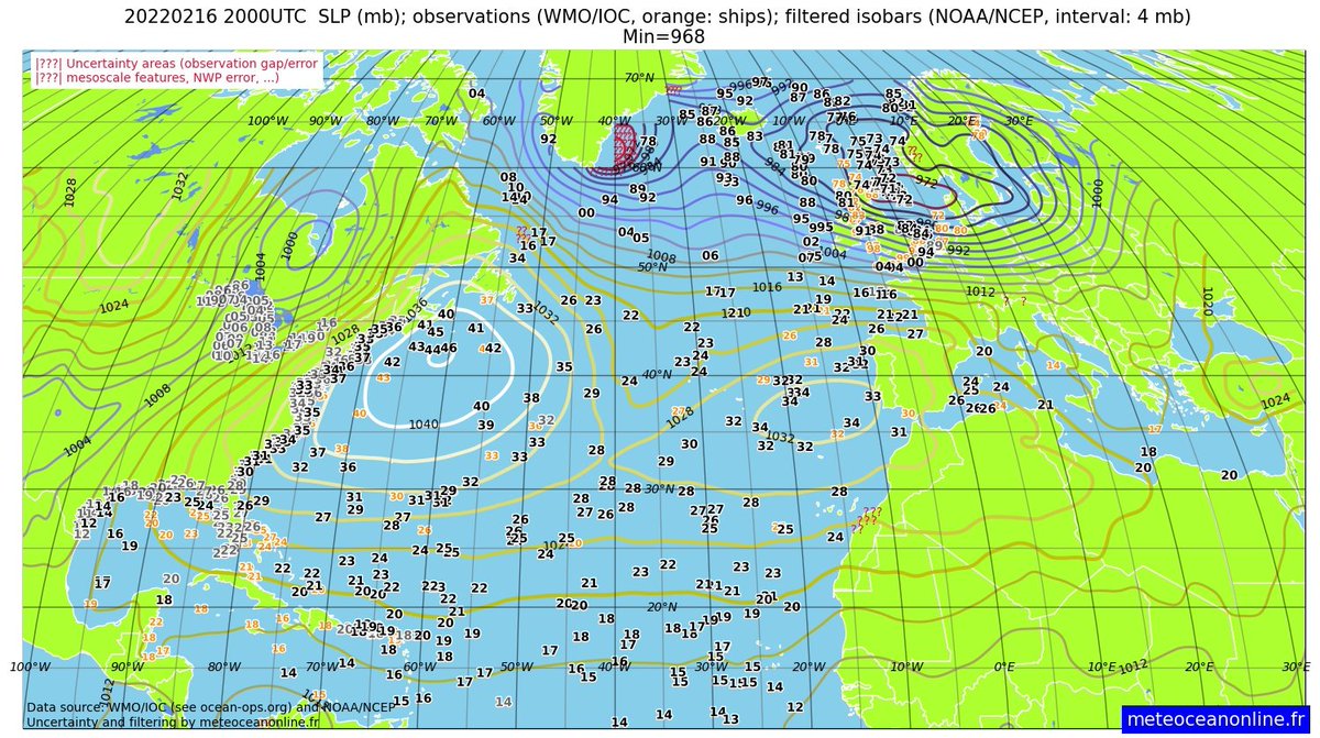 meteocea's tweet photo. Latest pressure observations 2000UTC that I have processed with my website. #Ylenia/#StormDudley broadening over northern Europe and #Zeinep (future #StormEunice) forming over the central ocean (1023 mb) https://t.co/xVafjSV2hc
