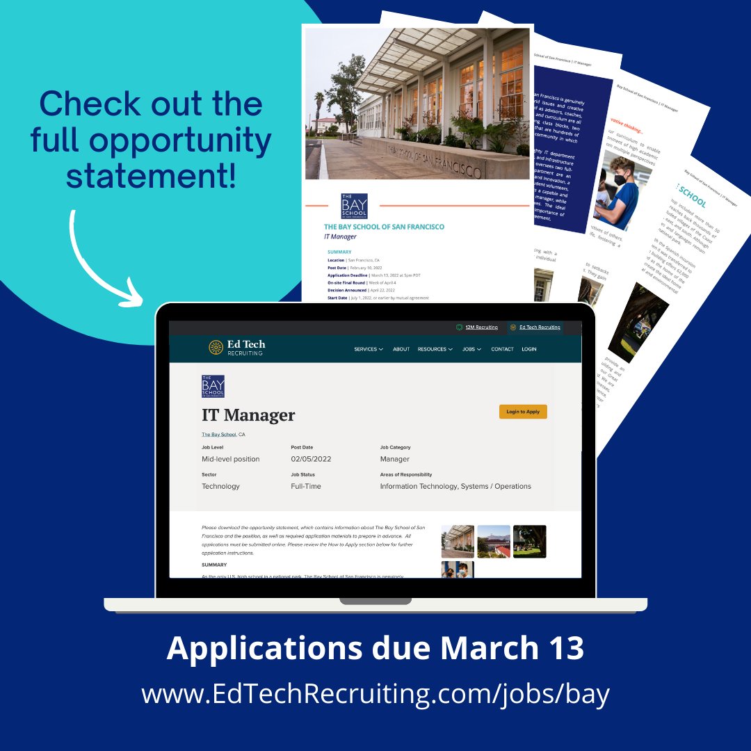 Check out this tech-centered search!

@bayschoolsf, located in San Francisco, is currently hiring its newest IT Manager.  To view the full opportunity statement for this role, visit the link below!

edtechrecruiting.com/jobs/bay