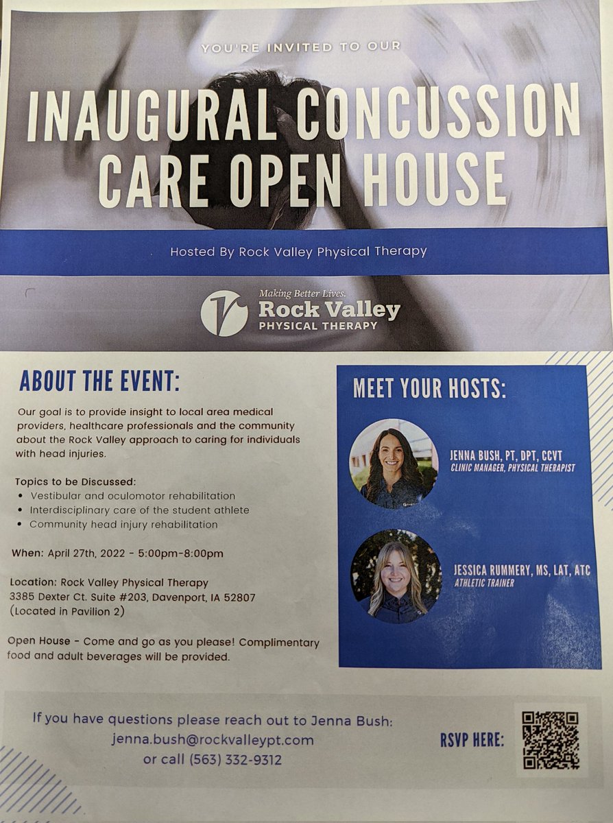 jasonviel's tweet image. Coming soon! RVPT Concussion Care Open House Come listen to Jenna and Jess talk about Concussion Care Vestibular and oculomotor rehab, Interdisciplinary care of the student athlete, and community head injury rehab April 27th 5-8pm at our Dexter Ct Rock Valley Clinic  scan to RSVP