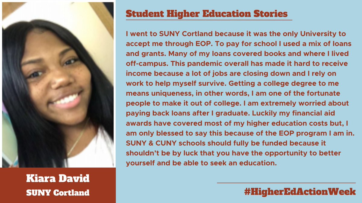 NYPIRG's tweet photo. Students from across the state are sharing why they support free and fully funded Higher Education in NY State. We need funding for EOP and free tuition at SUNY so that students like Kiara can succeed! #HigherEdActionWeek #NewDeal4CUNY #NewDeal4SUNY #AllIn4CUNYSUNY https://t.co/vzrKAF7x1p