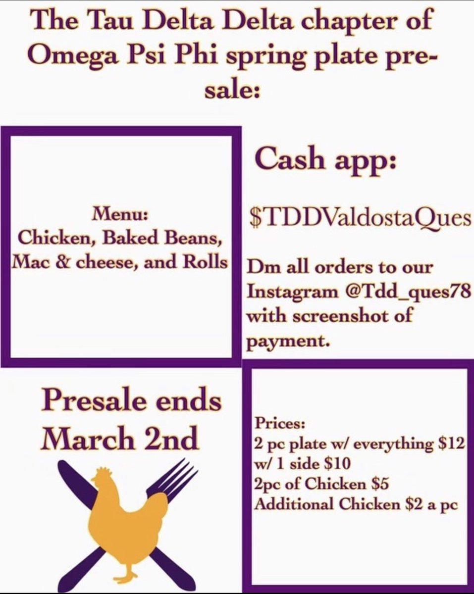 TD2_Bruhz_BeOWT's tweet photo. Spring 2022 Chicken Plate Presale🍗

‼️HOW TO PLACE AN ORDER ‼️
1. Cashapp $TDDValdostaQues ( include your name)

2. Send screenshot of payment to @tdd_ques78  Instagram DM (include name, order and  phone number)

Presale ends March 2nd!

Pickup Date : March 5th🍗
#ValdostaQues https://t.co/cpjG2mrlu8