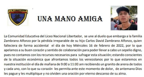 Como una gran familia que somos, vamos a demostrar nuestra solidaridad con la familia de nuestro compañero de estudio, Dios les pague
