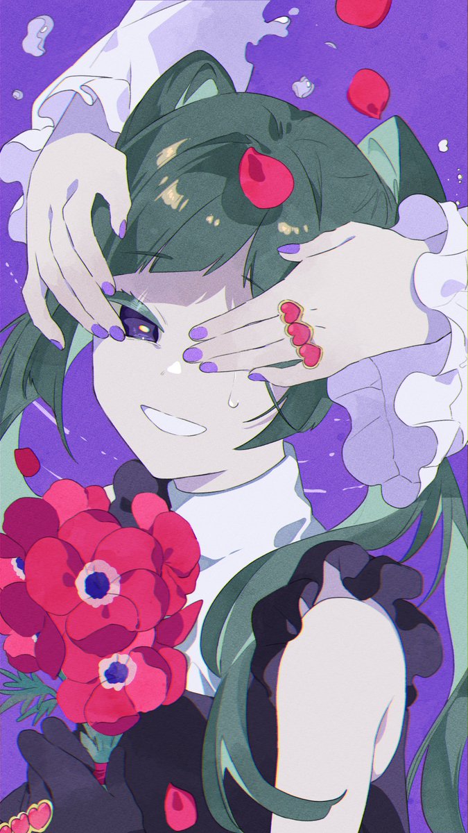 flower purple nails twintails petals holding purple background smile  illustration images