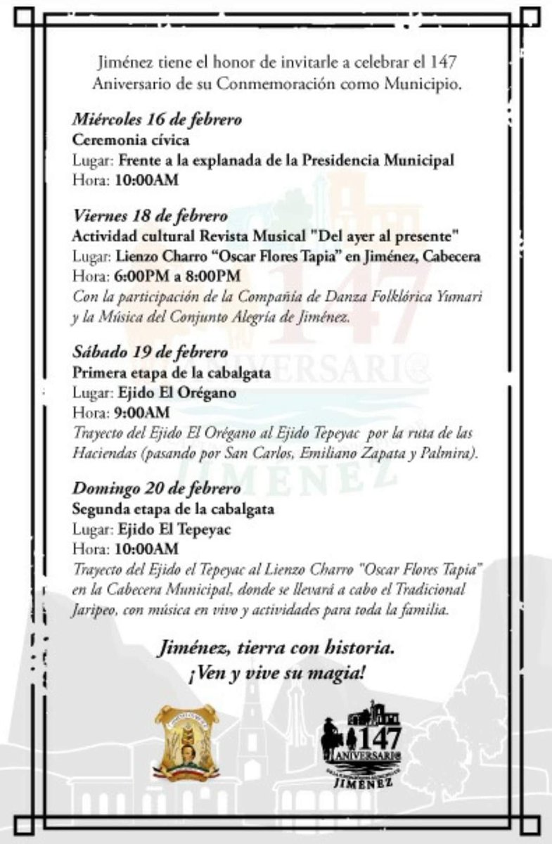 MaruCalderonA's tweet photo. Quiero felicitar a toda la gente bella de Jiménez por la celebración de su 147 Aniversario de la elevación de Villa a Municipio de Jiménez. 

Y les invito a asistir a los eventos que se tienen programados para esta ocasión. https://t.co/akpBrurUUF