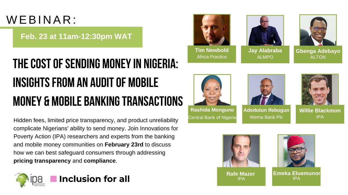 poverty_action's tweet photo. Join us, @inclusion_ng, and a great panel of experts TOMORROW Weds Feb 23rd, 11 AM WAT (5AM Eastern US) to hear about why it's so difficult to get information about the costs of sending money in Nigeria  https://t.co/PYBbxVXjkU https://t.co/myKnKcWvSP