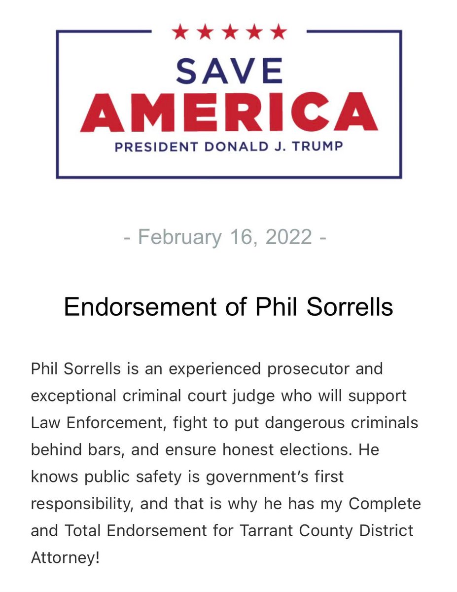 I’m proud to be endorsed by President Donald Trump in my race for Tarrant County District Attorney. We’re going to clean up our streets, restore law and order, protect our citizens, &amp; make Tarrant County the best place to live, work, &amp; raise a family. Thank you, President Trump!