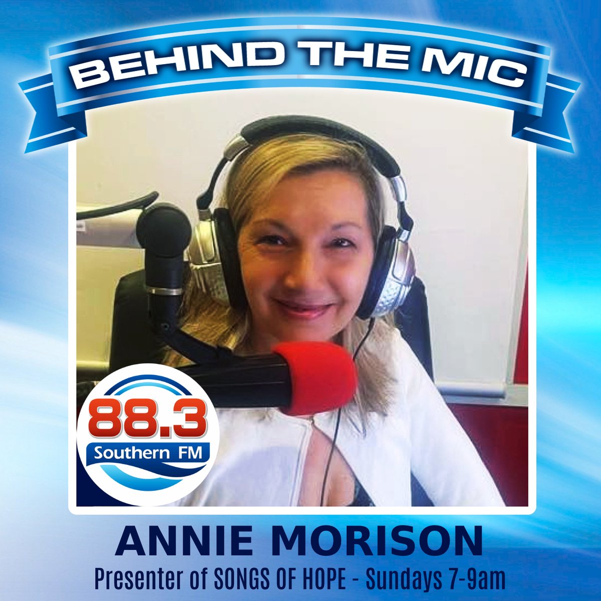 This week we introduce you to Annie Morrison, presenter of the Songs of Hope, Sundays from 7am - 9am.

#southernfm #thesoundsofthebayside #bayside
#thesoundsofthebayside #localandlive #behindthemic