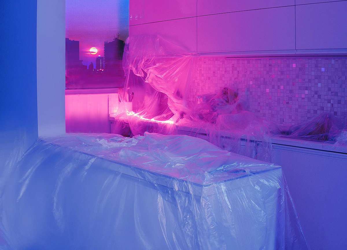 mia_novakova's tweet photo. The image that gave birth to Porch Collapse, although when I created it I didn't expect it to be the beginning of a series. My partner's parents were painting their walls and their furniture was covered in plastic dust sheets. The place felt so eerie, I wanted to capture it https://t.co/NJxKi5W7o7