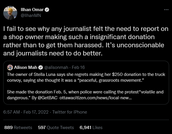 ianmiles's tweet photo. Canada's so tyrannical that even U.S. progressive leader Ilhan Omar has called out the media for attacking and unpersoning working class Canadians. https://t.co/fjy2h3yOvM
