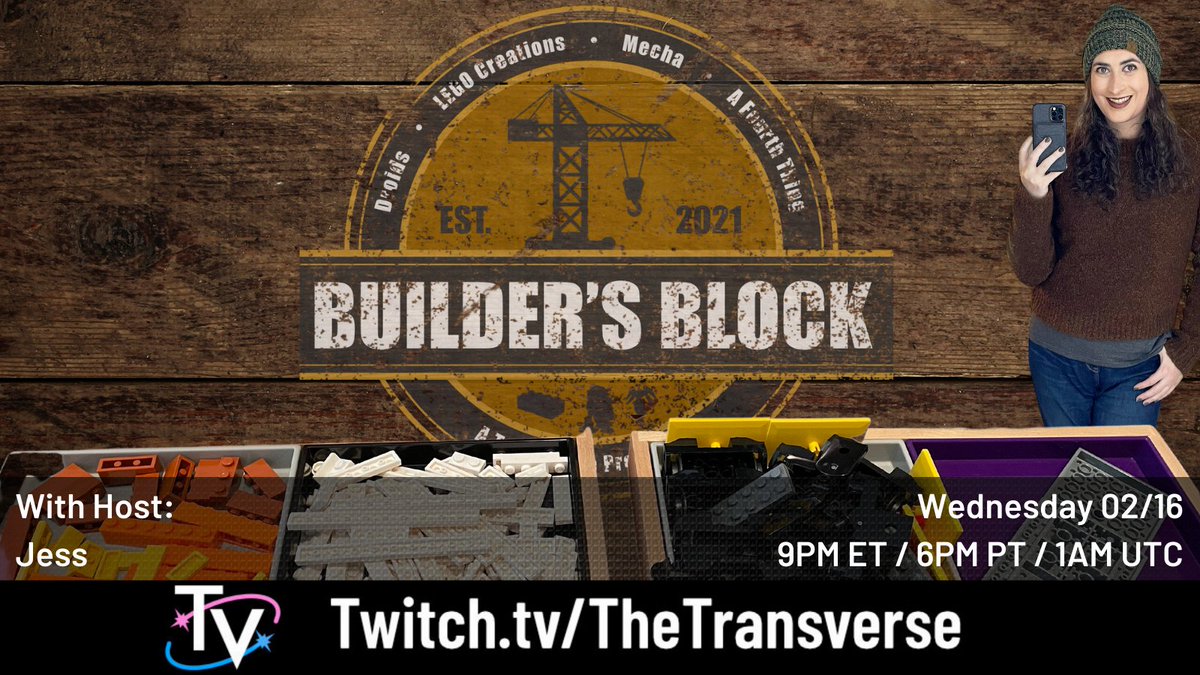 transversetv's tweet photo. Lego Creations Galore.  Jess is at it again on Builder´s Block.  Come and see what she will build when the Lego starts flying!!⁠
⁠
TONIGHT⁠
6pm Pacific / 9pm Eastern / 1am UTC⁠
⁠
Only on The Transverse!⁠
⁠
#buildersblock #thetransverse #lego #trans #transgender #lgbtq https://t.co/s1UiU4ucwE
