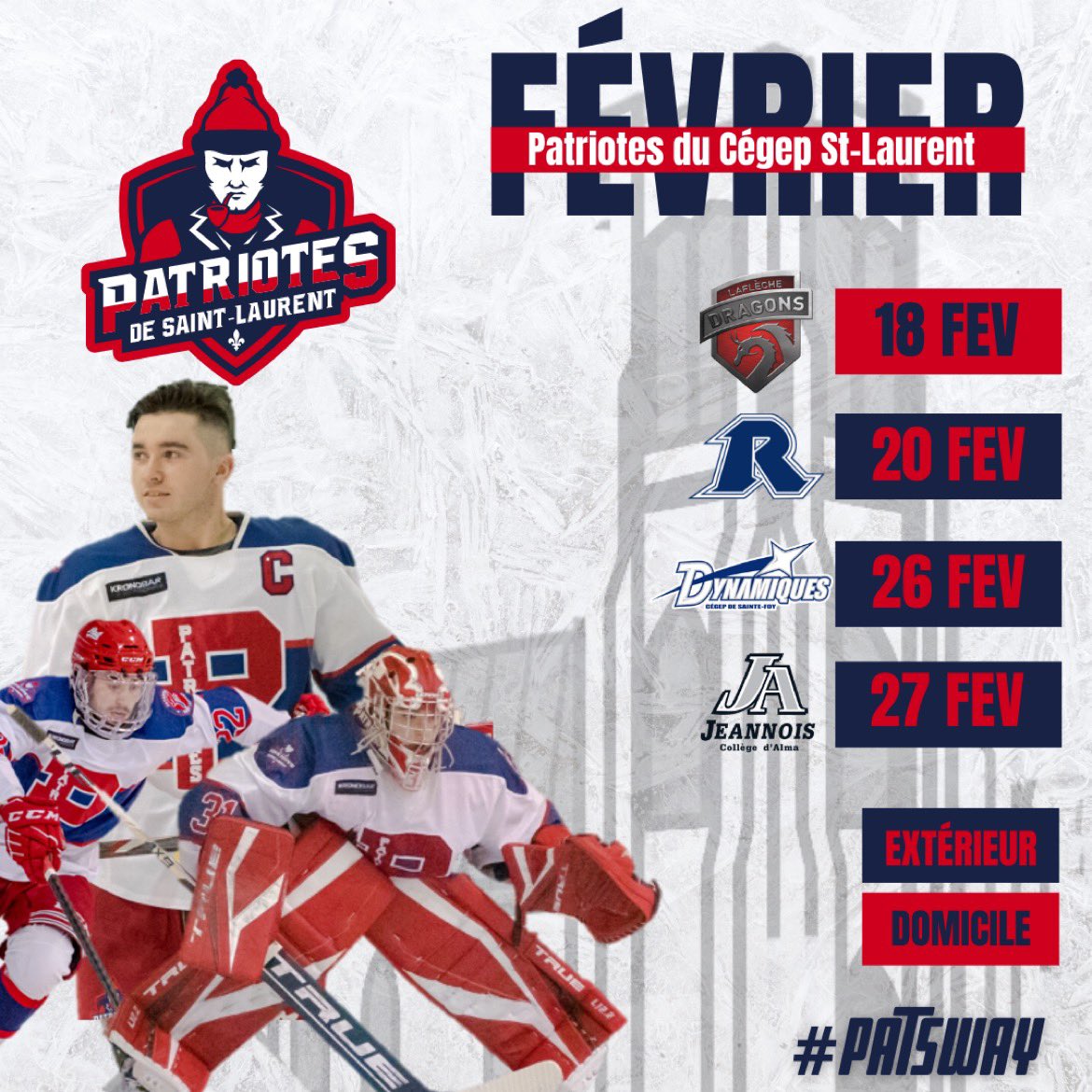 ON PEUT JOUER! 

Avec les nouvelles annonces du gouvernement, les Patriotes sont heureux de finalement vous retrouver! 
Voici l’horaire des parties pour le mois de février. 

New year, Same goal... CHAMPIONSHIP! #PATSWAY

Pour plus de détails : collegial.rseqhockey.com/fr/index.html