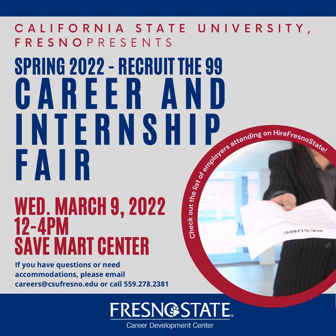 As the semester kicks in be sure to Register for the upcoming Career and Internship Fair happening on March 9th from 12-4 pm in the SaveMart Center! ⭐️👔 To register log into your portal, click on HireFresnoState, hit Events, then Company Events and Sign up today!