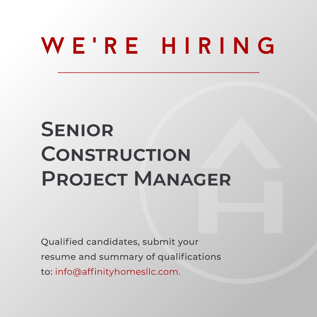 Affinity Homes LLC, an award-winning luxury home builder based in Vancouver, Washington, needs a Senior Construction Project Manager. Qualified candidates can learn more about this position here.bit.ly/3GXeVTY

#ConstructionJobs 
#jobsearching