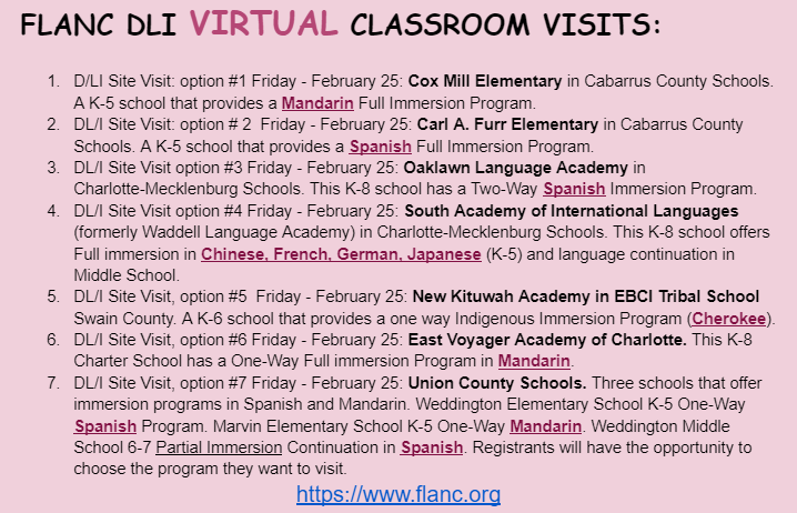 I am so excited about the SEVEN #DLI Virtual Classroom Visits on Friday Feb 25 through the <a href="/FLANC_WorldLang/">FLANC</a>  Spring Conference in SIX languages: 

Cherokee
French
German
Japanese
Mandarin
Spanish

How incredible is that! flanc.org/conferences/sp…