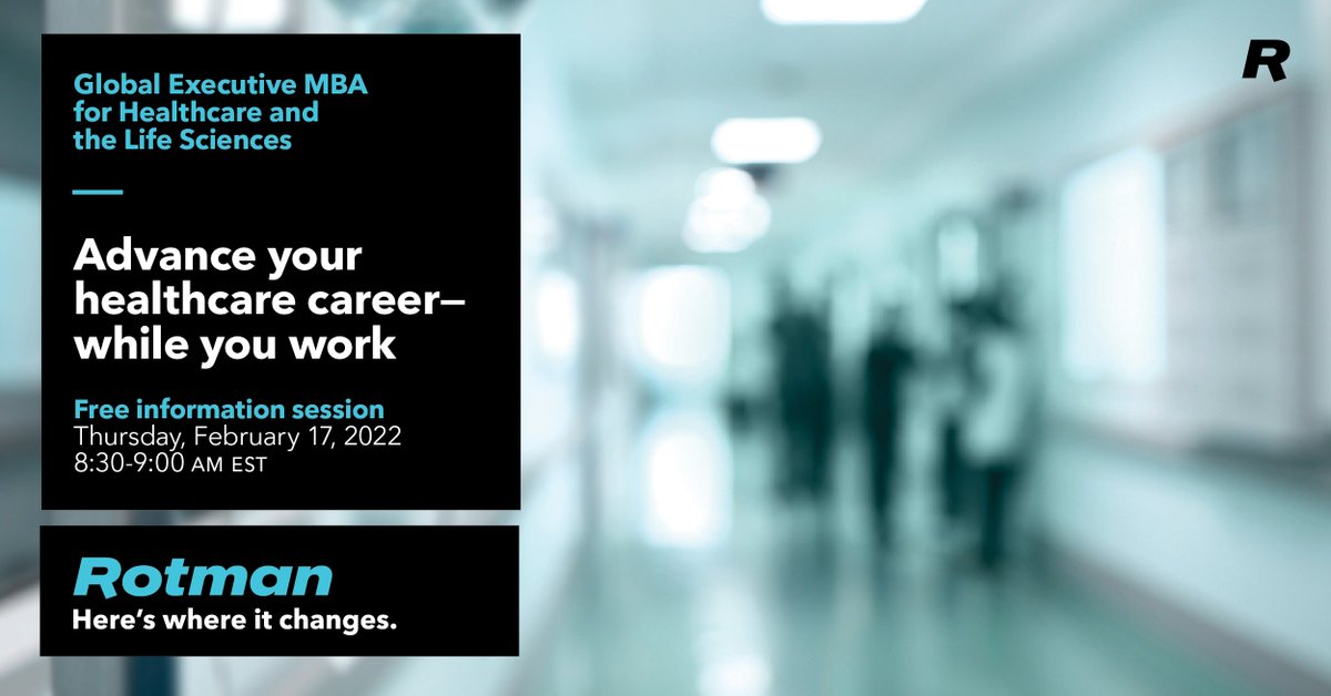 RotmanMBAMFin's tweet image. buff.ly/3IOO0LC is where healthcare and life sciences types want to be Thursday morning, Feb. 17, 8:30-9:00 AM EST, to hear about our MBA customized to the sector and how it can help you drive change and advance your career. #healthcarejobs