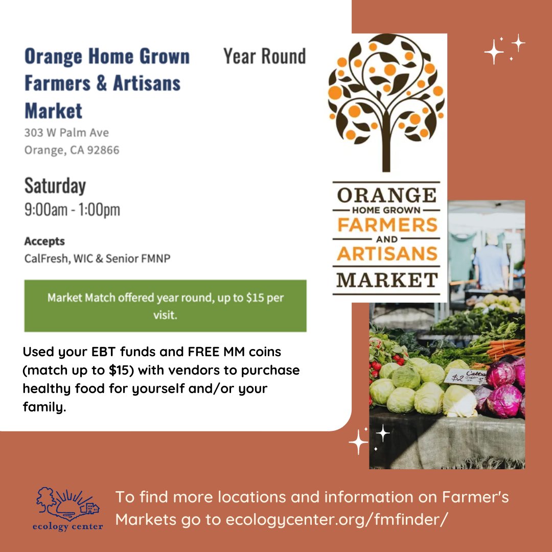 Have you tried out your local Farmers' Market? 
Did you know you can get more use of your CalFresh benefits at some farmers' markets?
 To find more #marketmatch locations and information on Farmers' Markets, visit ecologycenter.org/fmfinder/ 

#csuf #basicneeds #titansreachhigher