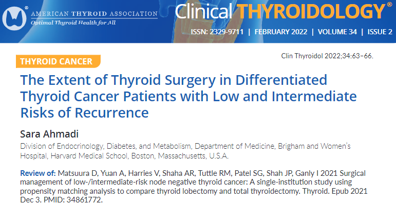 clinicalthyroid's tweet photo. What's the appropriate extent of thyroid #surgery for low- and intermediate-risk #thyroidcancers? Dr. Sara Ahmadi discusses this recent @sloan_kettering study from @thyroidjournal @TheAAES @AHNSinfo
https://t.co/QTukEZG0ip
#endotwitter #AmericanThyroidAssociatio https://t.co/60fGWHJMqH