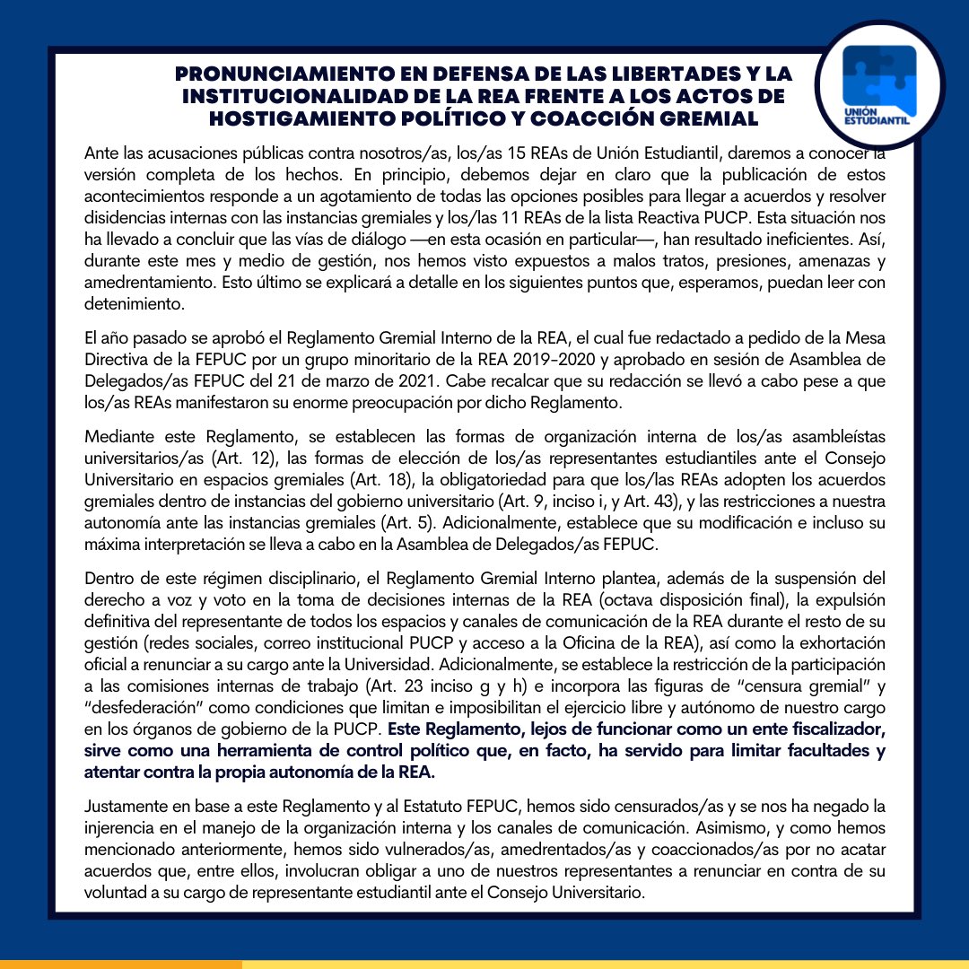 unespucp's tweet photo. [PRONUNCIAMIENTO EN DEFENSA DE LAS LIBERTADES Y LA INSTITUCIONALIDAD DE LA REA FRENTE A LOS ACTOS DE HOSTIGAMIENTO POLÍTICO Y COACCIÓN GREMIAL] https://t.co/pBWbCl98Xl