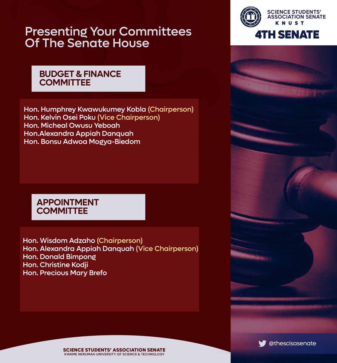 thescisasenate's tweet image. Pursuant to Part 11, Section 41, Sub-Section 1 of the standing orders of Senate, the following committees have been successfully formed. 

✅Budget &amp;amp; Finance
✅Appointment 
✅Welfare
✅Legal Affairs
✅Business 
✅Privileges 
✅Publicity 

#ScisaSenate
#ScisaKNUST