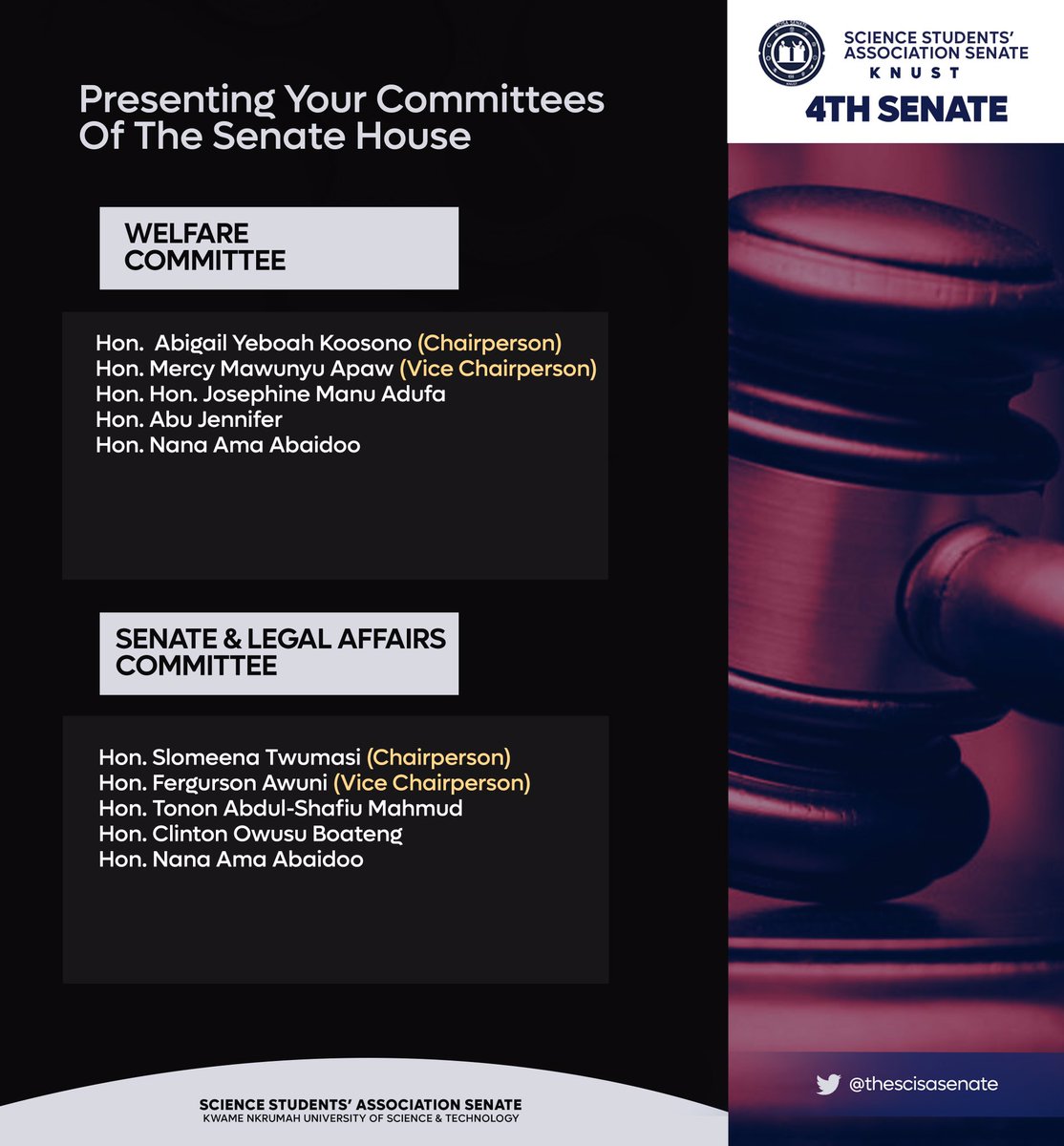 thescisasenate's tweet image. Pursuant to Part 11, Section 41, Sub-Section 1 of the standing orders of Senate, the following committees have been successfully formed. 

✅Budget &amp;amp; Finance
✅Appointment 
✅Welfare
✅Legal Affairs
✅Business 
✅Privileges 
✅Publicity 

#ScisaSenate
#ScisaKNUST