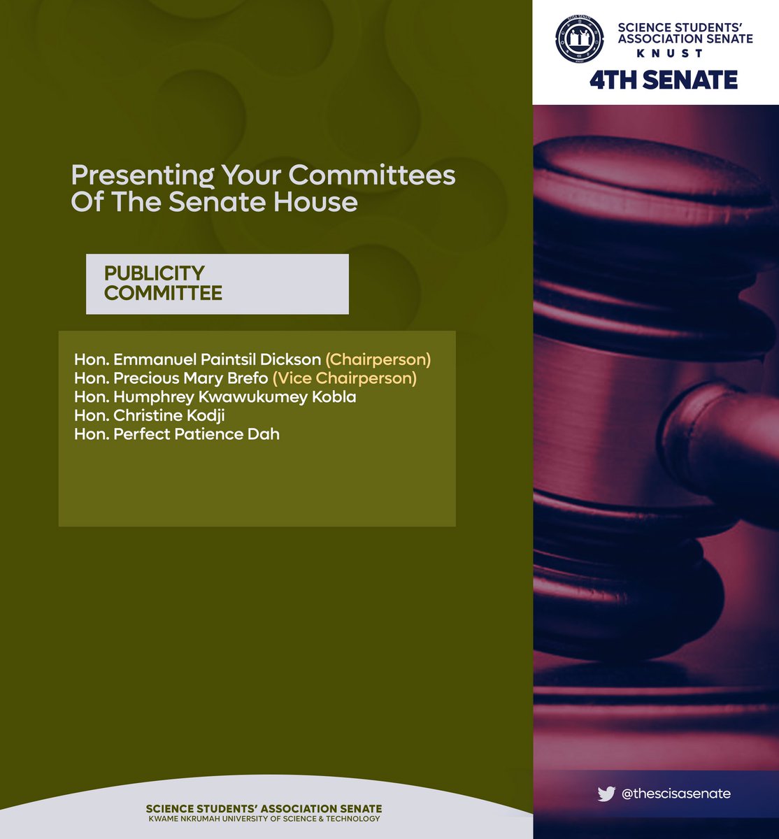 thescisasenate's tweet image. Pursuant to Part 11, Section 41, Sub-Section 1 of the standing orders of Senate, the following committees have been successfully formed. 

✅Budget &amp;amp; Finance
✅Appointment 
✅Welfare
✅Legal Affairs
✅Business 
✅Privileges 
✅Publicity 

#ScisaSenate
#ScisaKNUST