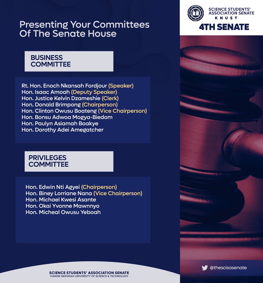 thescisasenate's tweet image. Pursuant to Part 11, Section 41, Sub-Section 1 of the standing orders of Senate, the following committees have been successfully formed. 

✅Budget &amp;amp; Finance
✅Appointment 
✅Welfare
✅Legal Affairs
✅Business 
✅Privileges 
✅Publicity 

#ScisaSenate
#ScisaKNUST