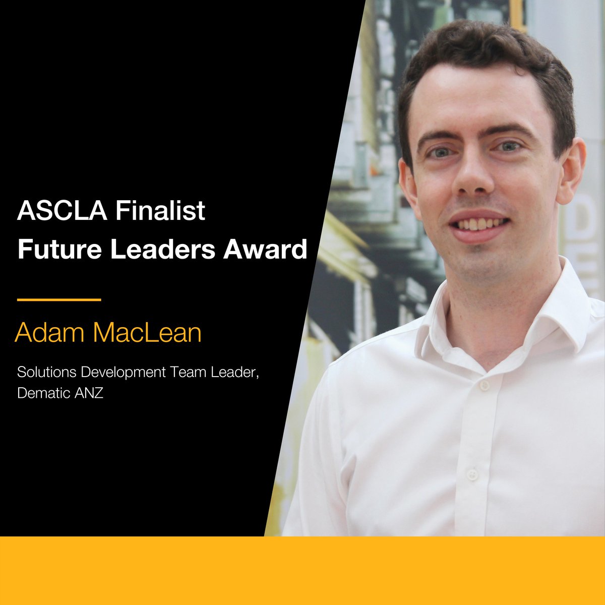 DematicGlobal's tweet photo. Congratulations to Adam MacLean who has been announced as a finalist for the #ASCLA Future Leader Award! 🎉  Adam has helped revolutionise Dematic's design &amp; costing systems + designed &amp; delivered some of the most innovative projects in APAC in the first few years of his career. https://t.co/PF0I2rLFHq
