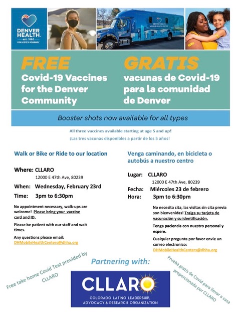 FREE VACCINES! Next Wednesday Feb 23. in northeast Denver. 

#CLLARO #CLLAROqueSi #COVID19 #COVID19Vaccine #GetVacciated #EsperanzaHope4all #JuntosPodemos #HazloPorAmor #coronavirus #FreeVaccines