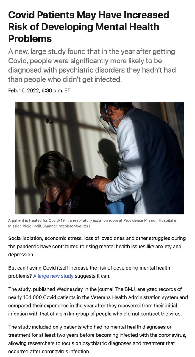 Eric Topol (@erictopol) on Twitter photo "Now, a giant new study shows people who contracted COVID-19 faced substantially higher risks of neuropsychiatric ailments 1 year later, including brain fog, depression, and substance use disorders."
<a href="/ScienceMagazine/">Science Magazine</a> by <a href="/meredithwadman/">Meredith Wadman</a>
nytimes.com/2022/02/16/hea… <a href="/PamBelluck/">Pam Belluck</a> "Now, a giant new study shows people who contracted COVID-19 faced substantially higher risks of neuropsychiatric ailments 1 year later, including brain fog, depression, and substance use disorders."
<a href="/ScienceMagazine/">Science Magazine</a> by <a href="/meredithwadman/">Meredith Wadman</a>
nytimes.com/2022/02/16/hea… <a href="/PamBelluck/">Pam Belluck</a>