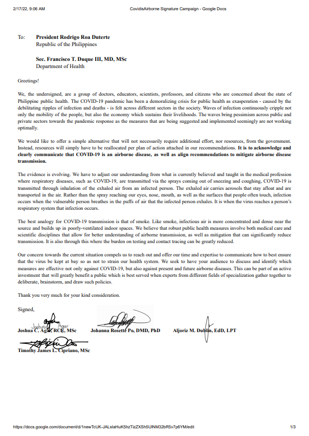 JoshuaCAgar's tweet photo. #COVIDisAirborne signature campaign

Here are the signatories so far. Thank you @white_bite, @aljoriz , and @tjlcipriano for expressing your support through your signatures. 

I hope there are more who will be willing to express their signature support.
https://t.co/NydutRGdlz https://t.co/oqwrUdjuMG