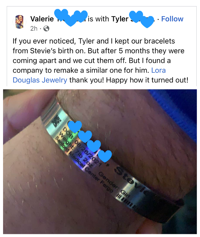 LoraDJewelry's tweet photo. 🥰This popped up on my FB yesterday. Yes, I can turn your worn-out Hospital Bracelets into real jewelry. Customized to match your ID; makes a cute birth announcement or memento for a new mom or dad.⁠
👶🏽Link in Bio⁠
#birthannouncement #hospitalbracelet #customjewelry https://t.co/qU6zSFlFGj