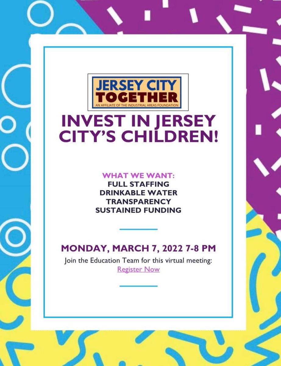 JerseyTogether's tweet image. On March 7th, Jersey City Together is hosting an action focused on supporting our public schools. Register here: us02web.zoom.us/meeting/regist…