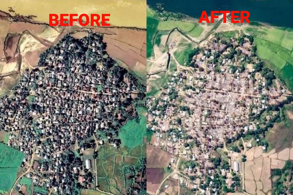 This is the picture that is taken by drone.The whole village of Ganggaw township , Magway region has been burnt to ashes by the terrorist Junta.Besides ,they destoryed locals 's properties and belongings. #WhatsHappeningInMyanmar #2022Feb17Coup #HelpMyanmarIDPs #WarCrimesOfJunta