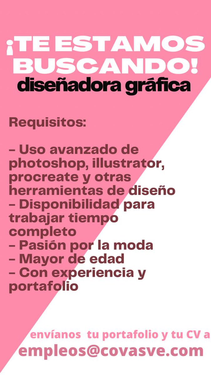 Estamos buscando diseñador gráfico en Caracas para trabajo presencial en Covas! Con buena remuneración 👀 si eres tu o conoces a alguien, Énviales este tweet ❤️ se parte del team covas