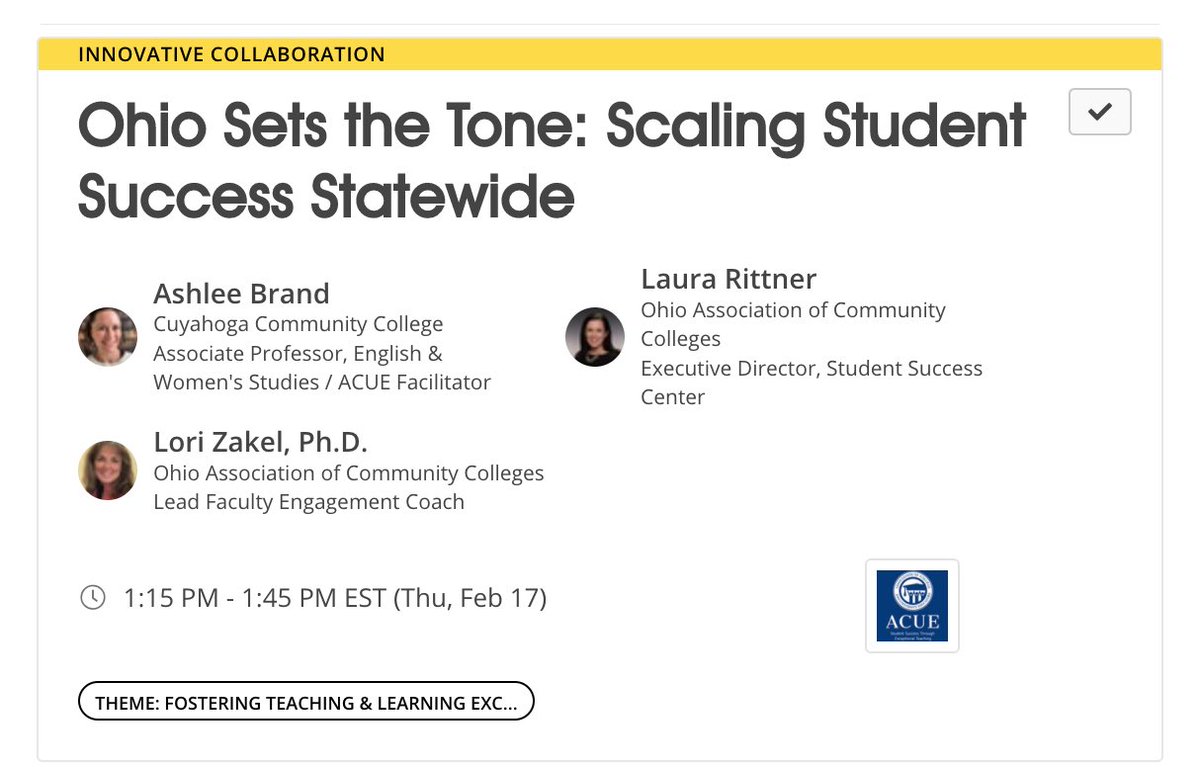 Attending #ATD_DREAM? Join @ACUE_HQ partners from the <a href="/OACC_Center/">OACC Success Center for Ohio Community Colleges</a> and <a href="/TriCedu/">Tri-C</a> who will share early-stage faculty impact data from an eight-months long program in evidence-based teaching practices. 360 faculty invited from 23 colleges. Thursday Feb 17 at 1:15 pm ET.