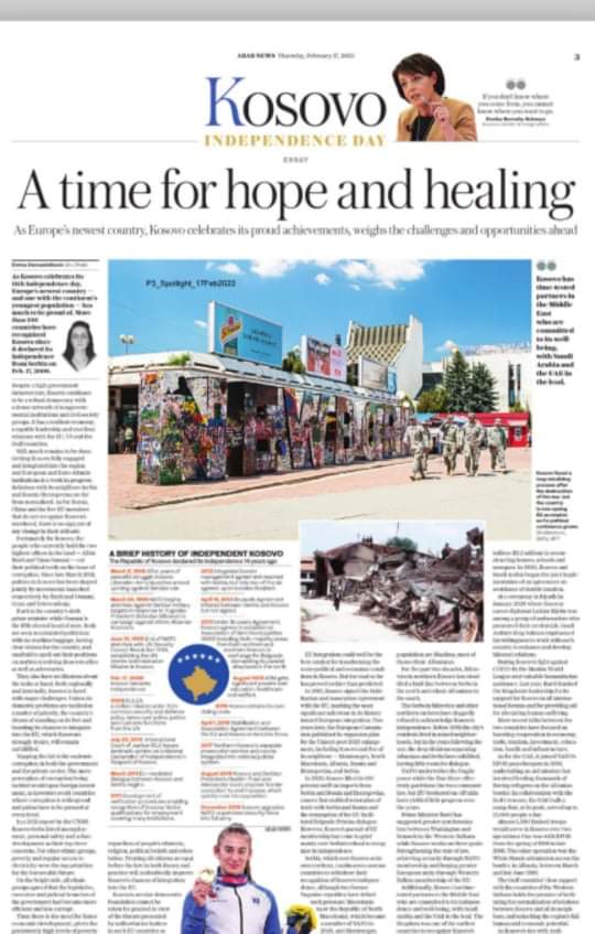 LulzimMjeku's tweet photo. @arabnews brings in depth analysis on Kosovo's Independence Day with headline 'A Time for hope and healing' by @eminaosmandzik. https://t.co/FiIMR7dSvD