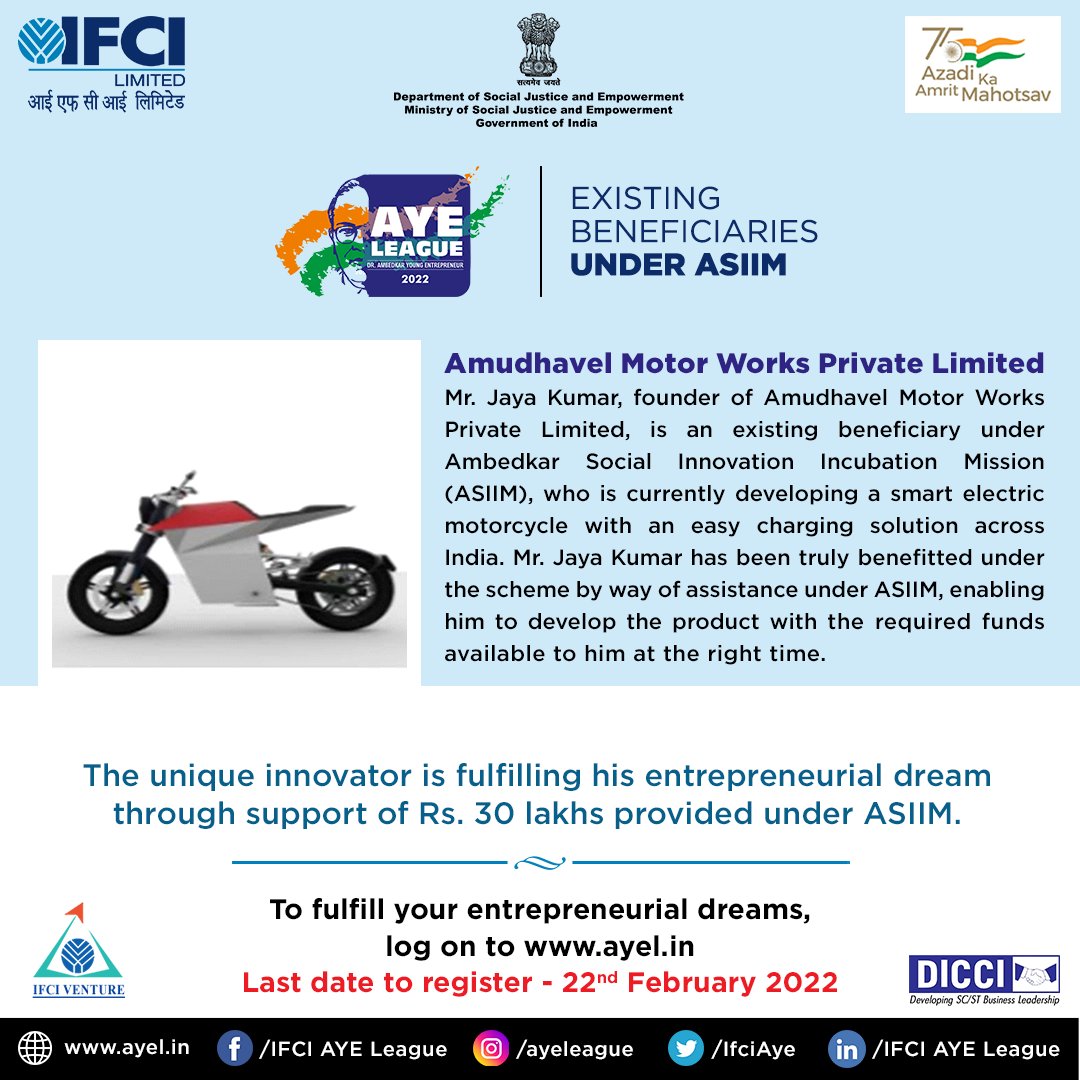 Read about Amudhavel Motors Private Limited an existing beneficiary under ASIIM
To fulfil your entrepreneurial dreams, log on to ayel.in

<a href="/IFCI_LTD/">IFCI LIMITED</a> #DICCIorg 
#ifci